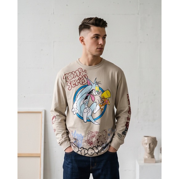 Tom and Jerry Other - Tom and Jerry Mens 2XL Beige Long Sleeve Graphic T-Shirt Cartoon Graffiti